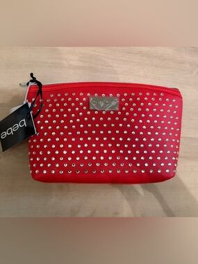 bebe Red Studded Zip Clutch with Silver Accents